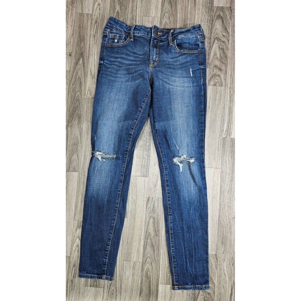 Old Navy Womens Size 6 Long Distressed Skinny Whiskered Denim‎ Blue Jeans